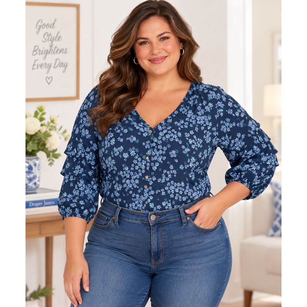 Draper James RSVP 2X Blue Floral 3/4 Sleeve Ruffle Bodysuit NWT $58 #20